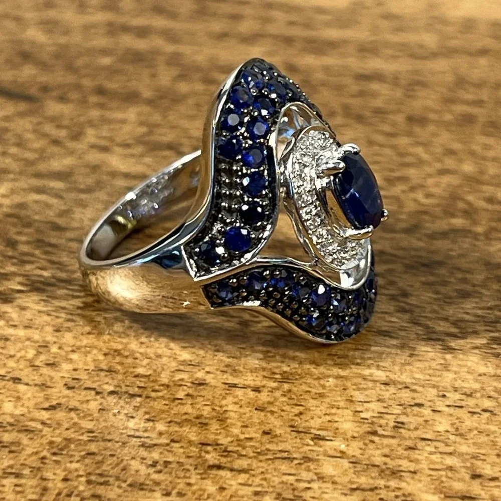 Clyde Duneier CID 14k gold Royal Blue Sapphire‎ & Diamond ring 5.7g Sz 6